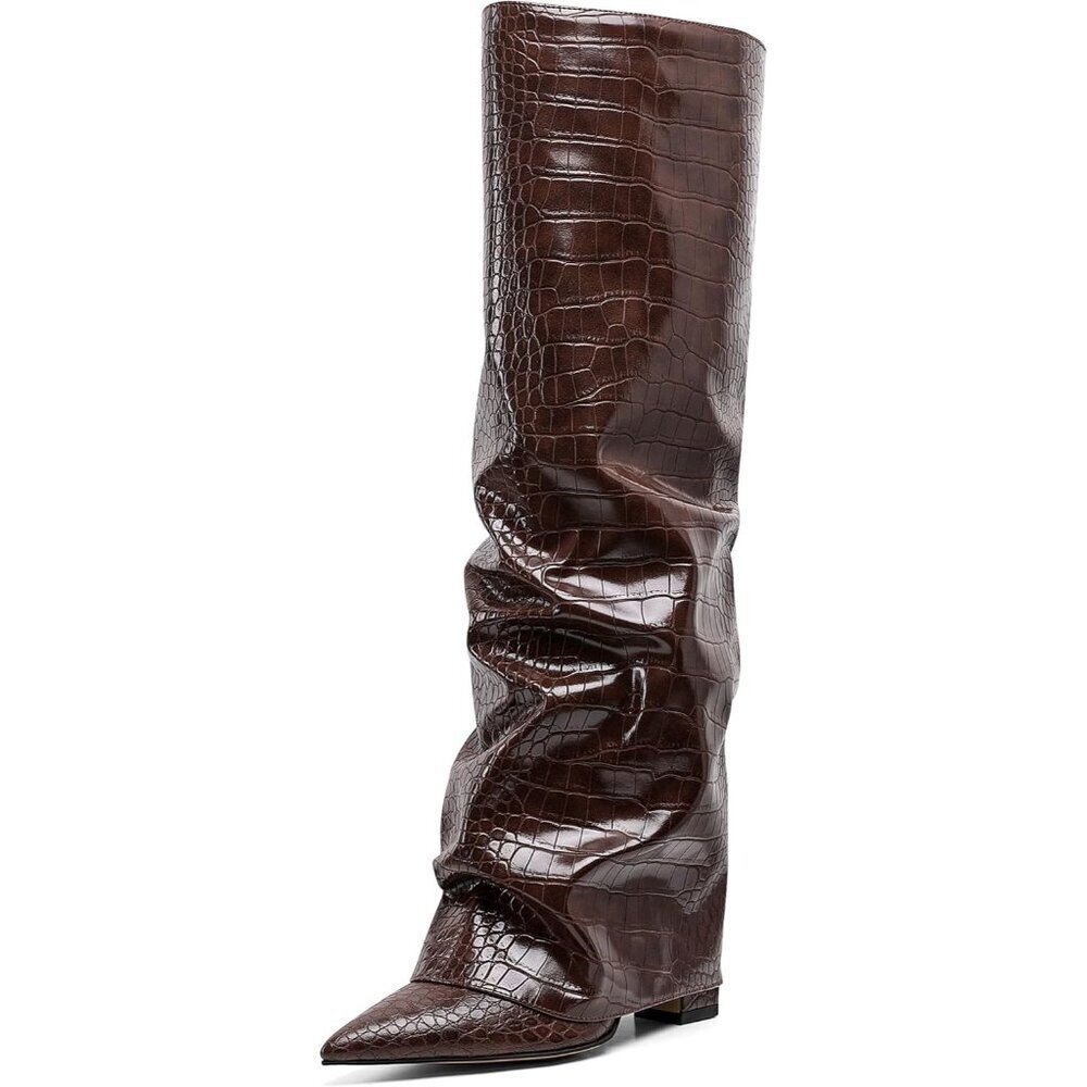 🆕Women's Brown Slouchy Knee High Boots Pointed Toe Fold Over Chunky Shark Boots